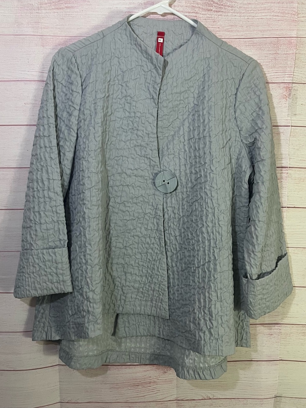 IC Collection Gray Crinkle Textured 3/4” Sleeves Assymetrical Jacket Medium